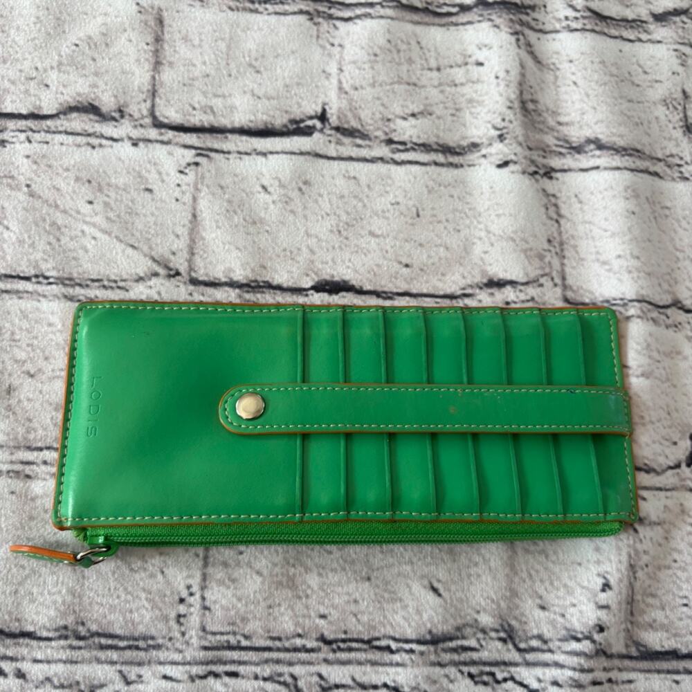 LODIS Leather Kelly Green Card Stacker Wallet 8 Cards With Zip Coin Purse VTG